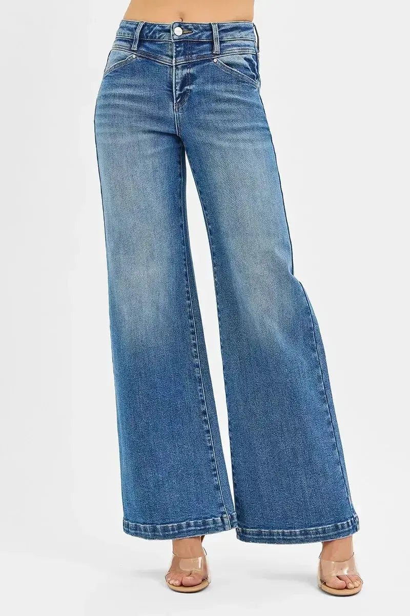 RISEN High Rise Wide Leg Jenas with Front Yoke and Heart Back Pocket - DaisyDrop 