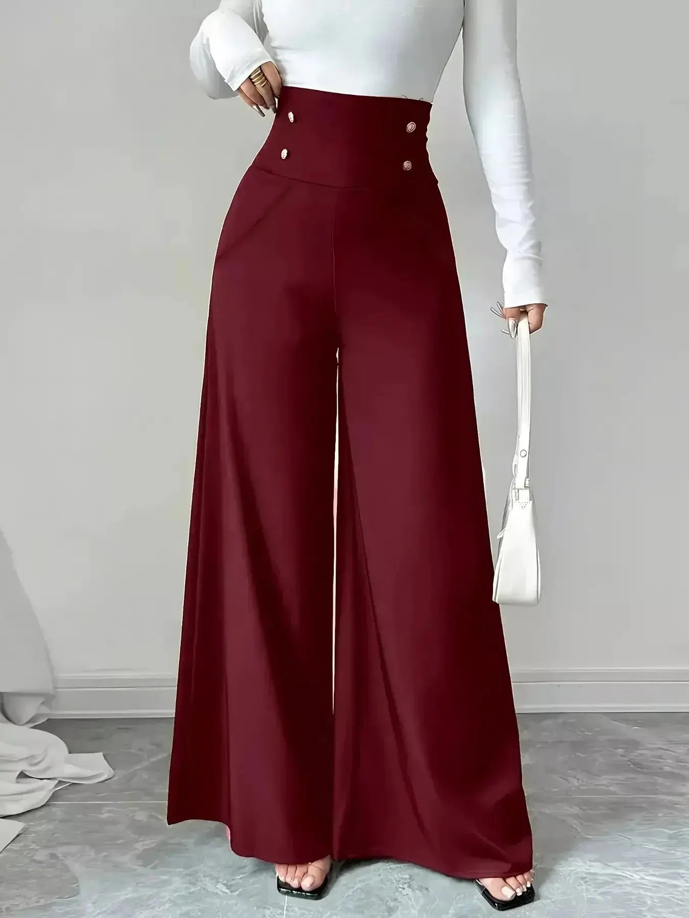 High Waist Wide Leg Button Decor Pants - DaisyDrop 