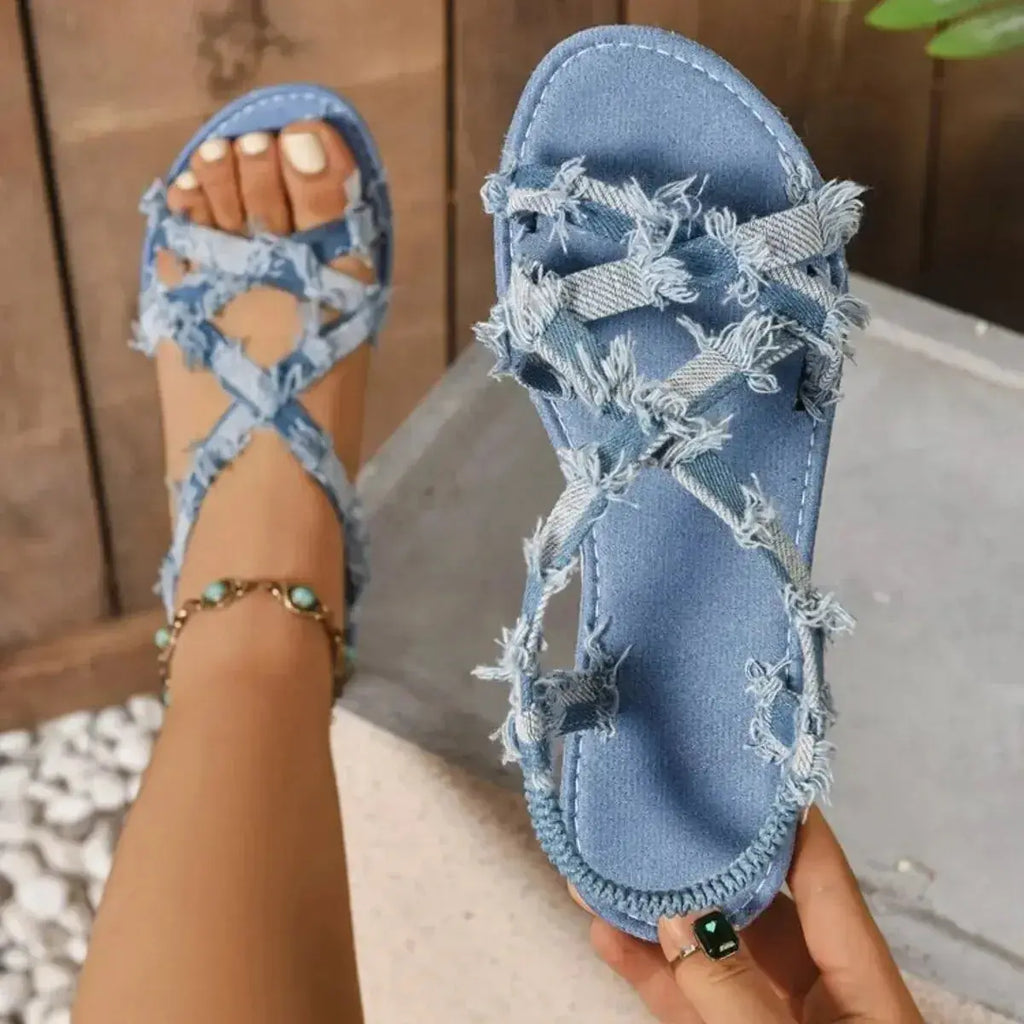 Fringe Crisscross Strap Sandals - DaisyDrop 