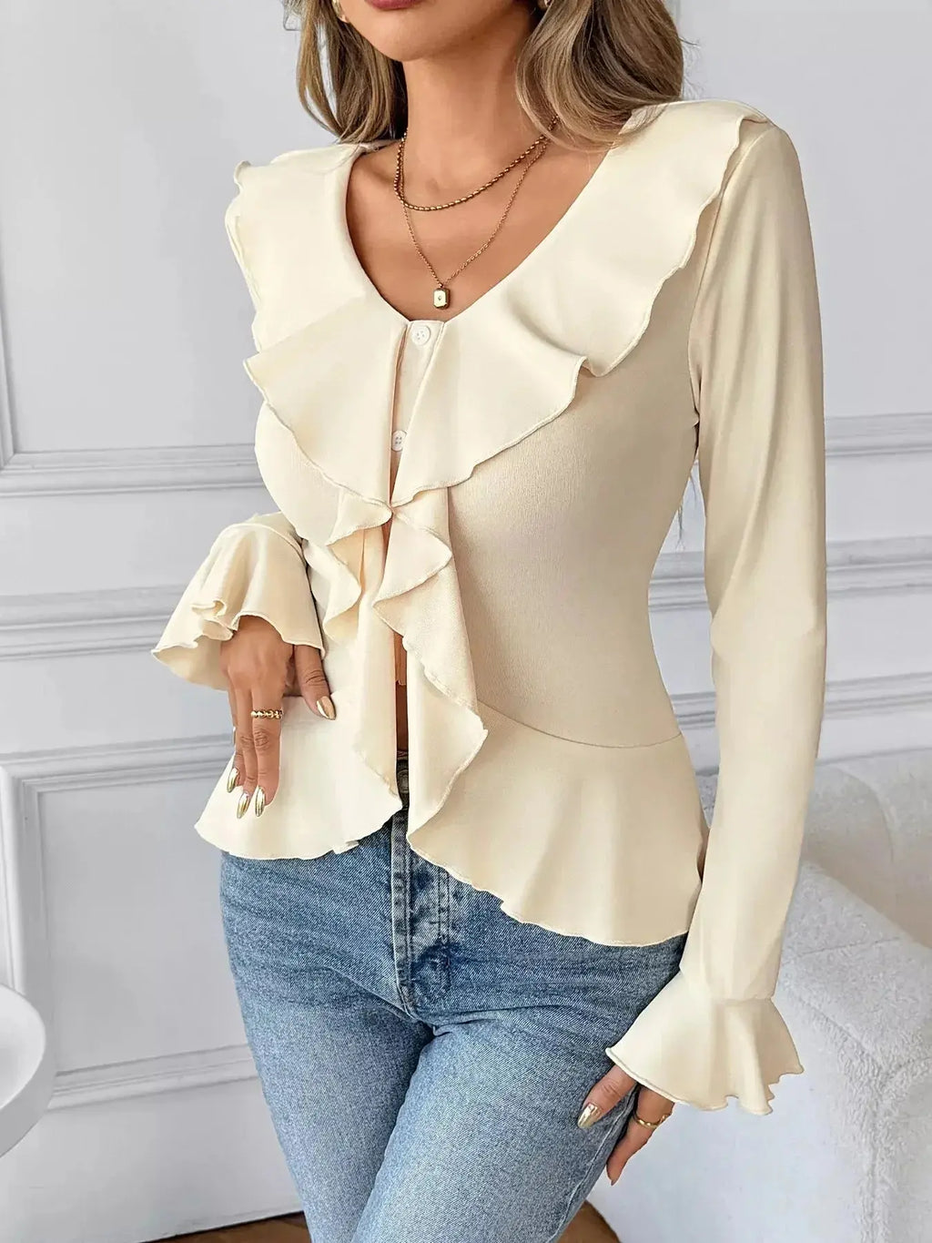 Ruffled Flounce Sleeve Blouse - DaisyDrop 