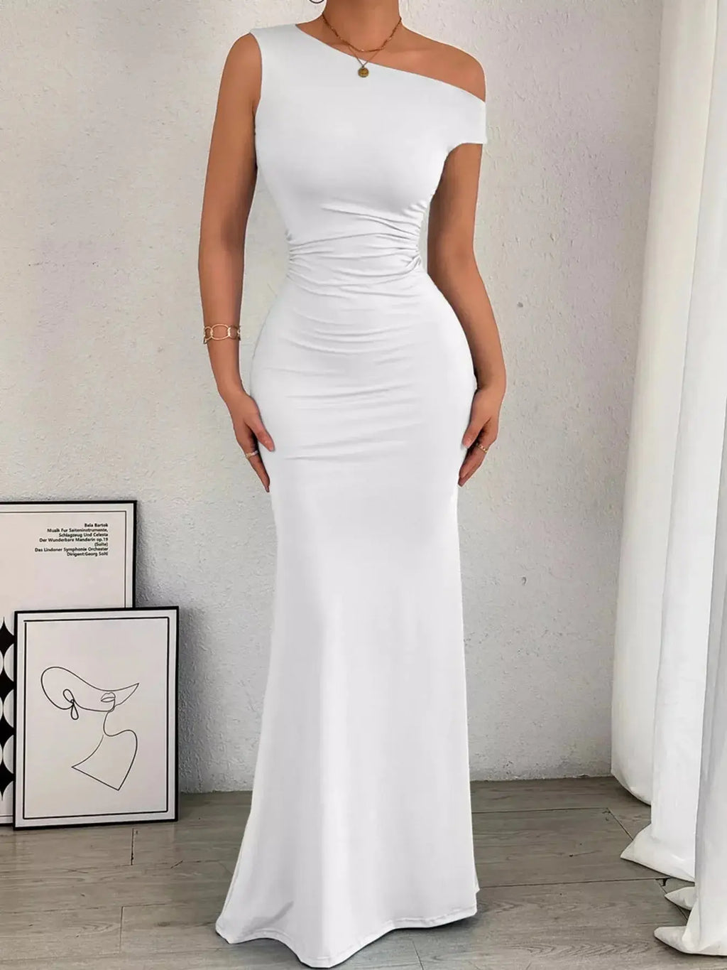 One-Shoulder Ruched Bodycon Maxi Dress - DaisyDrop 