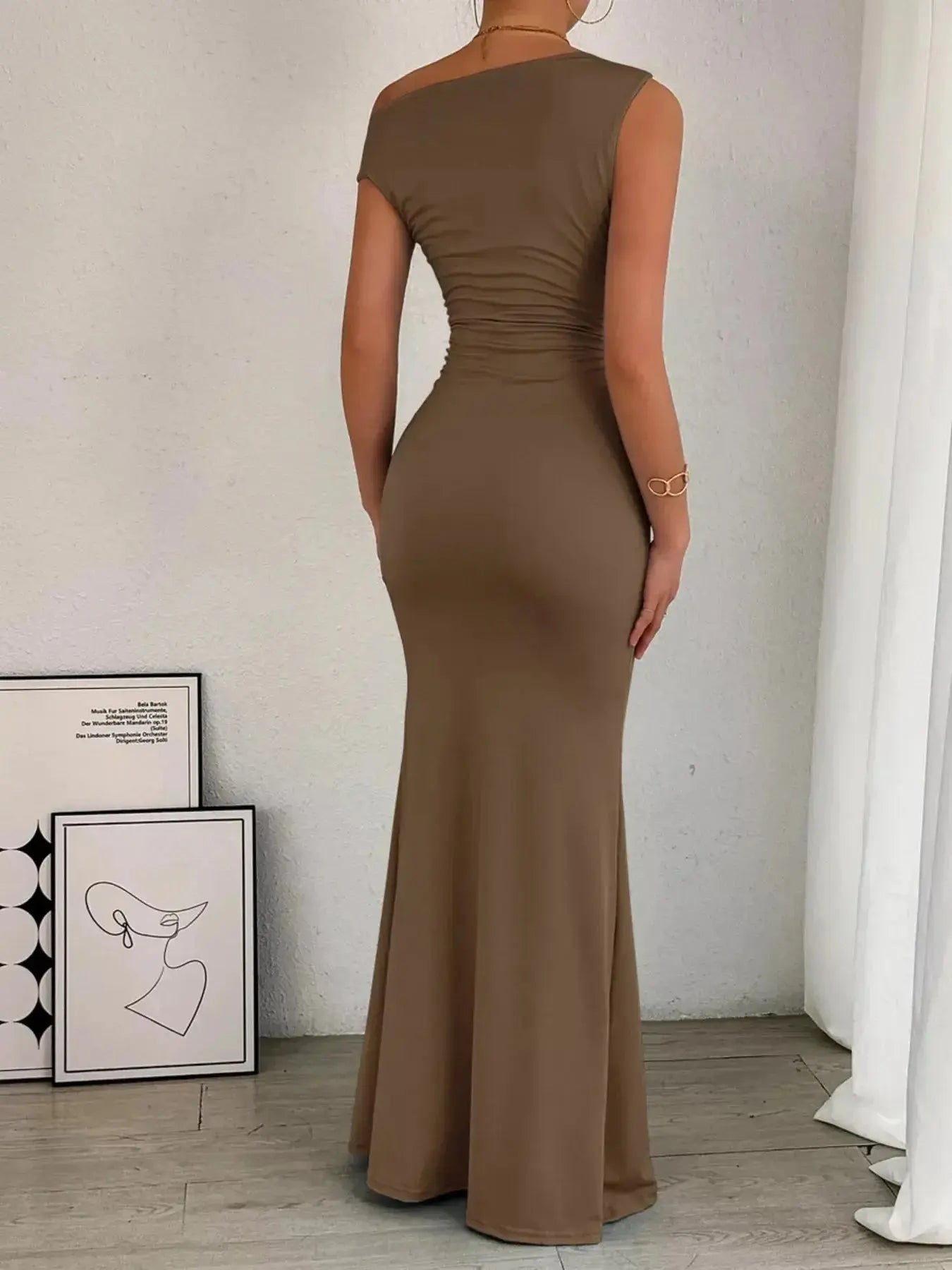 One-Shoulder Ruched Bodycon Maxi Dress - DaisyDrop 