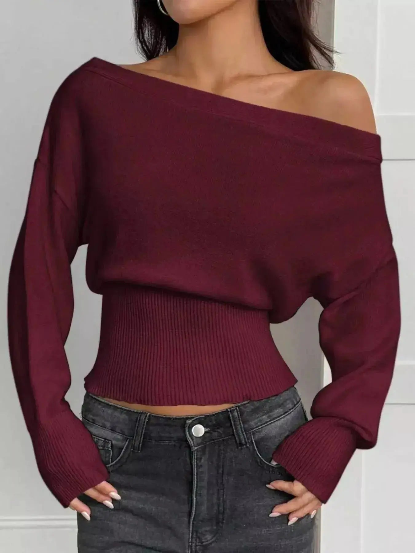 One Shoulder Cropped Sweater - DaisyDrop 