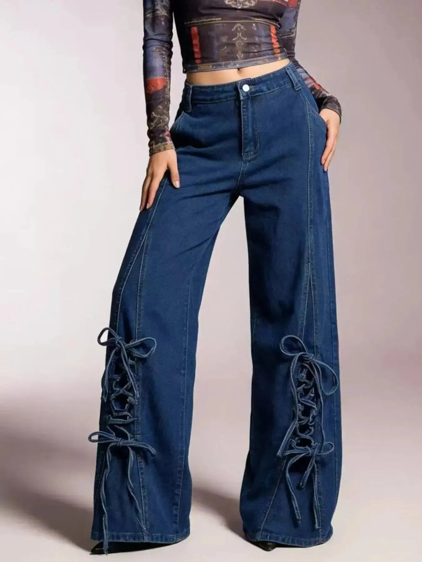 Lace-Up Wide Leg Jeans - DaisyDrop 