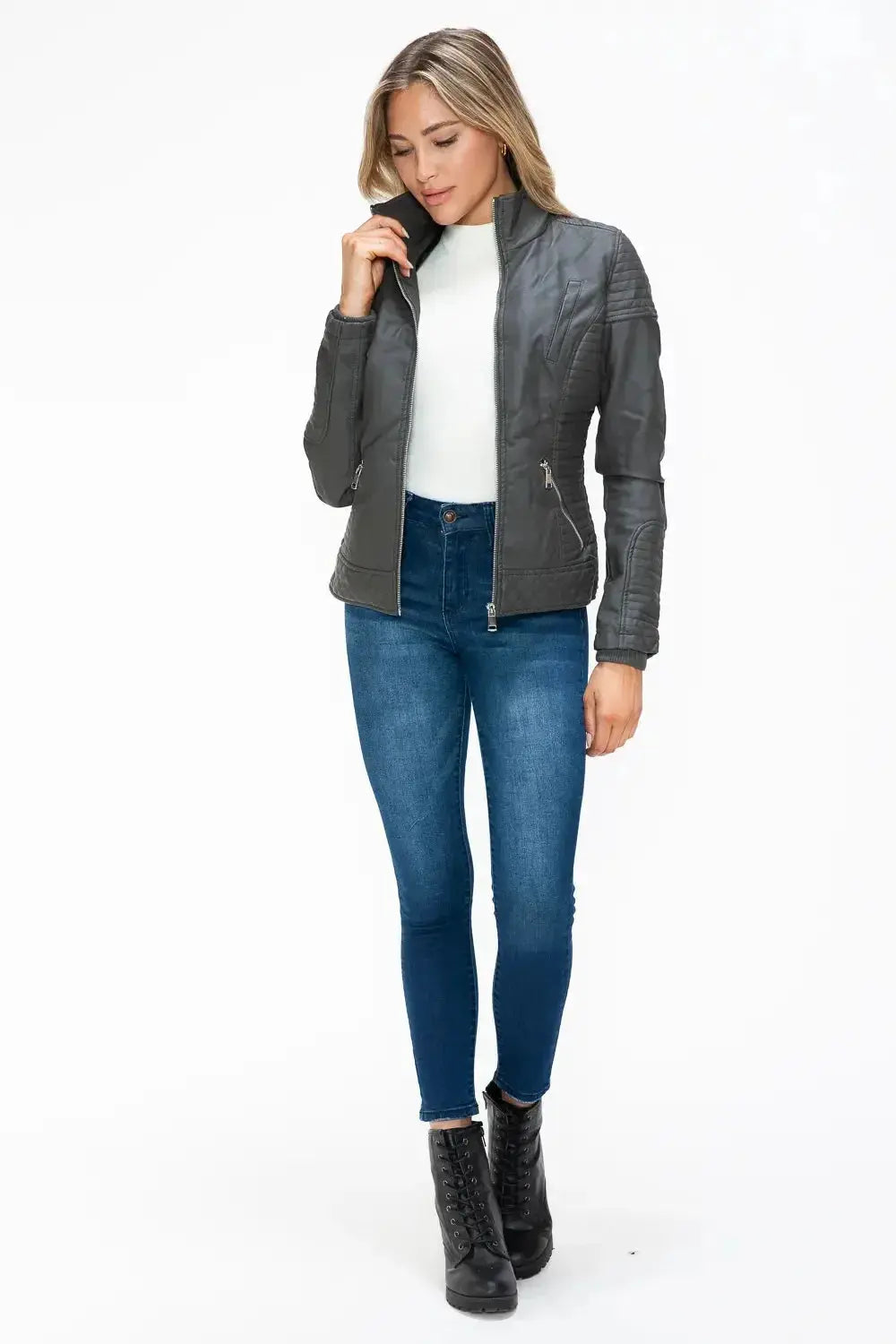 YMI Faux Layered Double-Zipper Jacket with Fuzzy Hood - DaisyDrop 