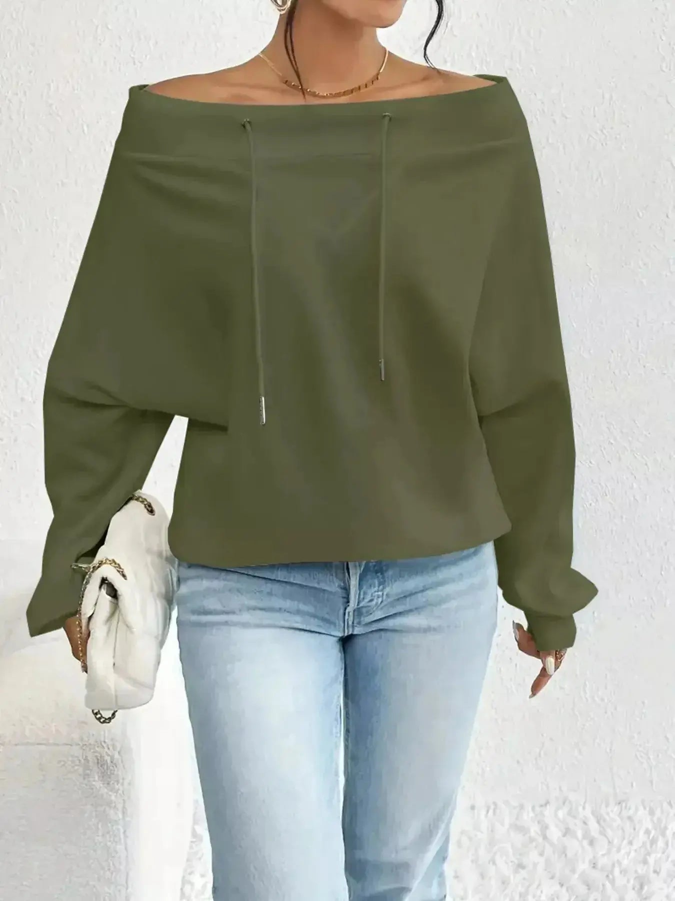 Full Size Off-Shoulder Drawstring Long Sleeve Top Plus Size - DaisyDrop 