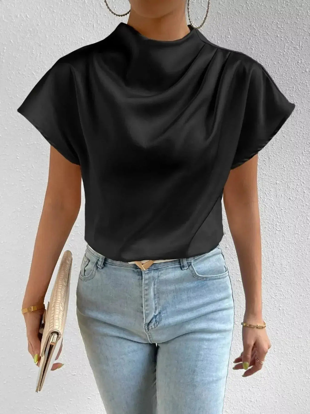 Mock Neck Satin Blouse - DaisyDrop 