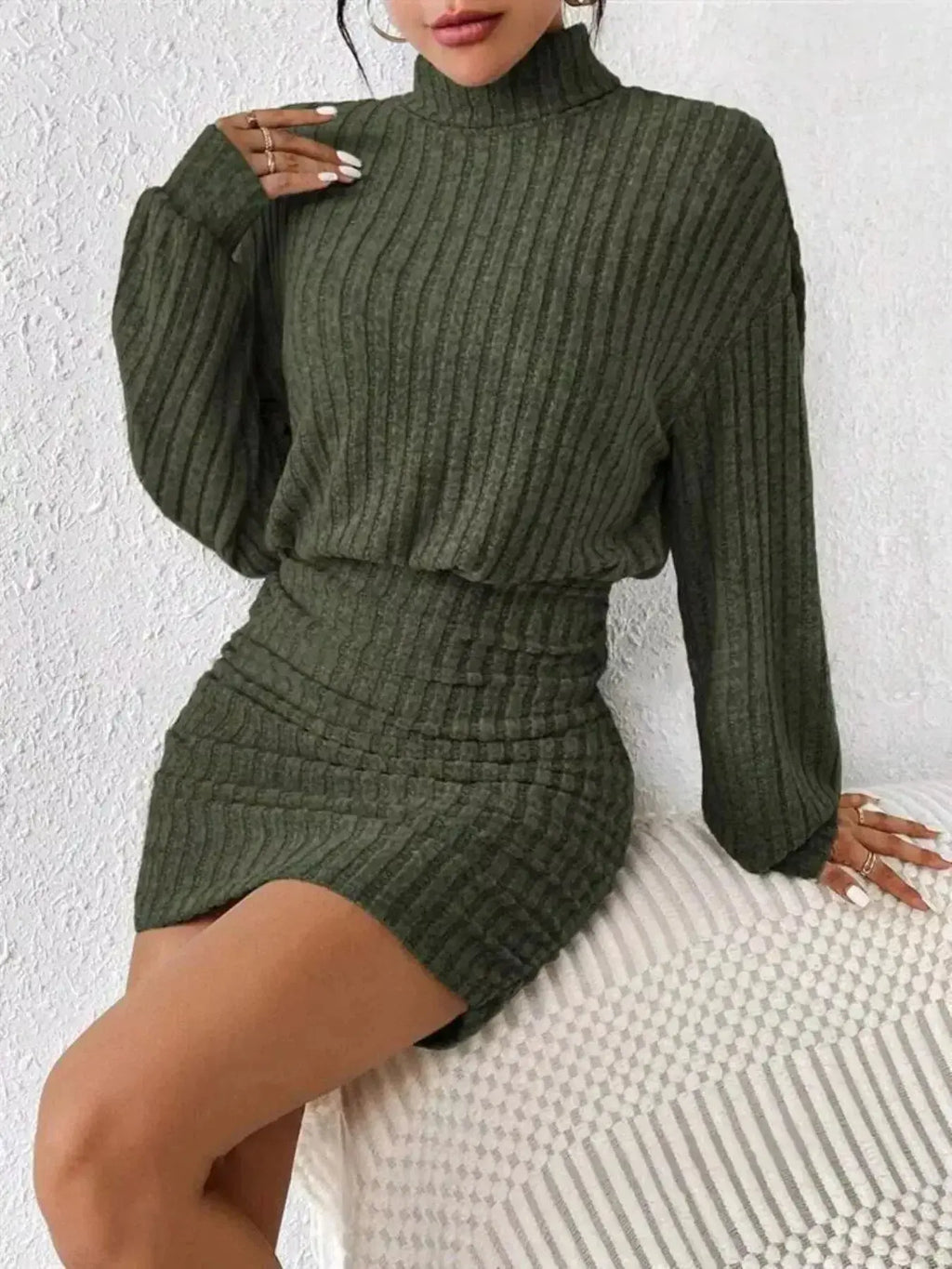 Ribbed Knit Turtleneck Bodycon Mini Dress - DaisyDrop 