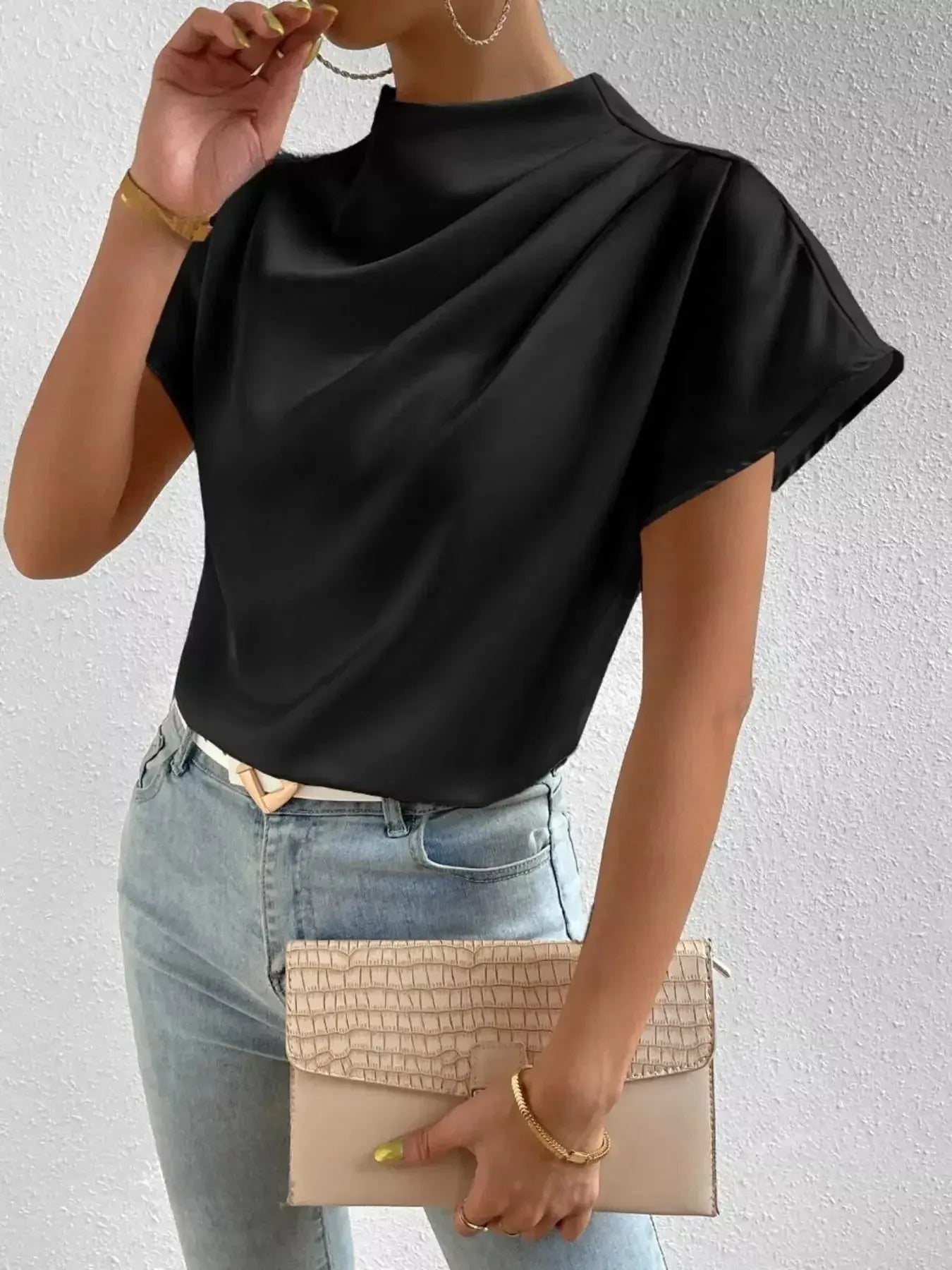 Mock Neck Satin Blouse - DaisyDrop 