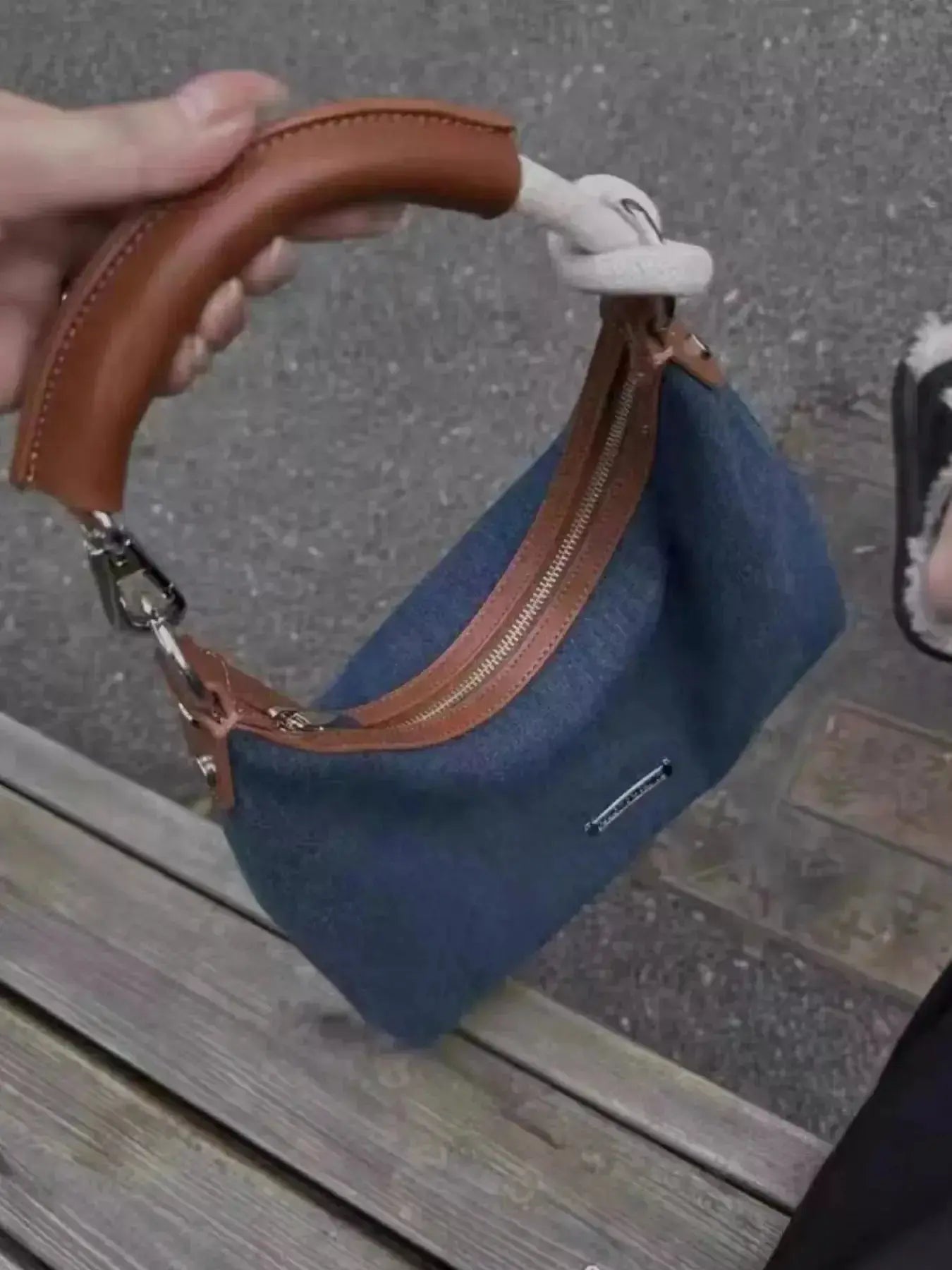 Denim Shoulder Bag with Leather Handle - DaisyDrop 