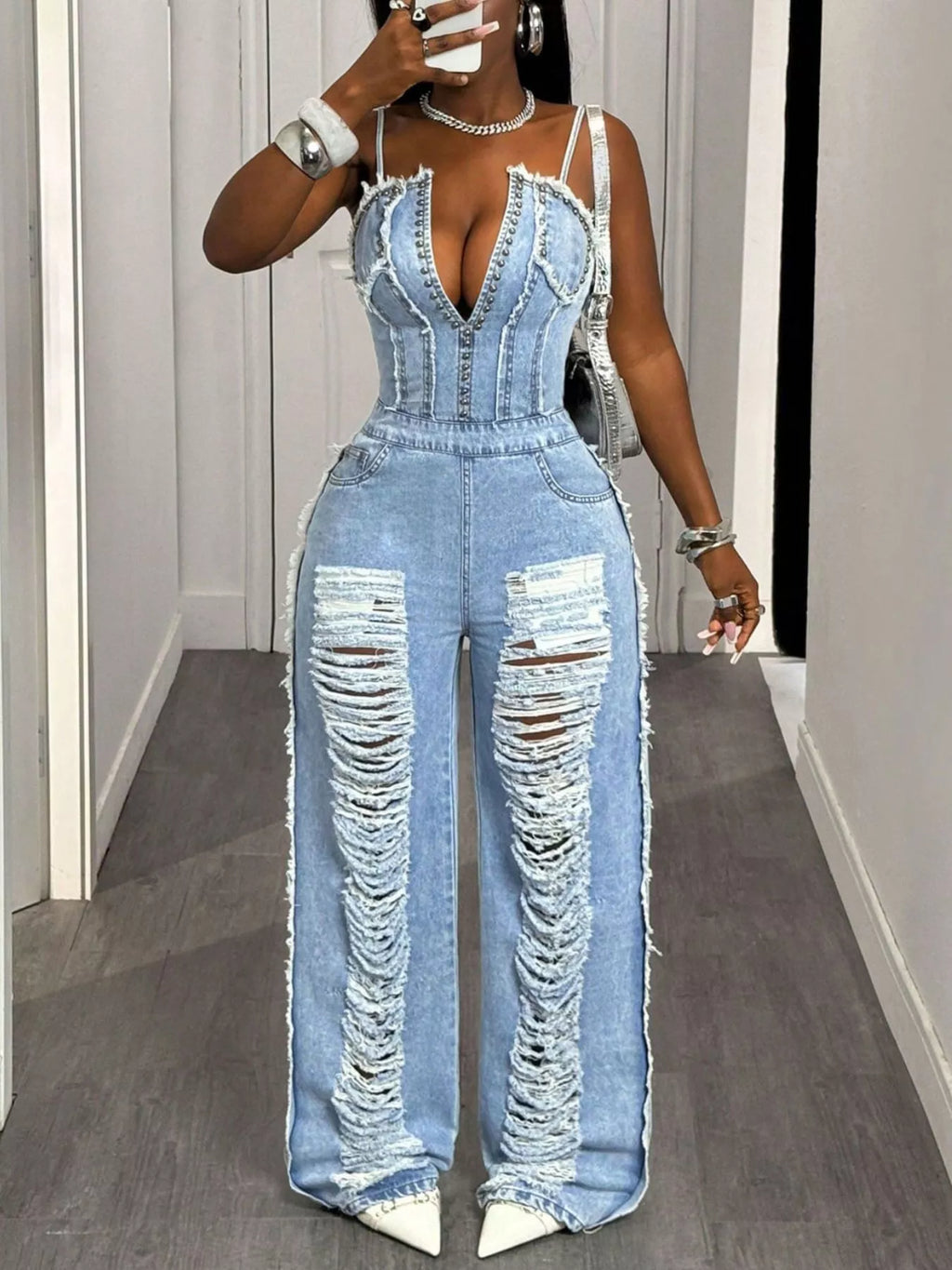 Distressed Spaghetti Strap Wide-Leg Denim Jumpsuit – Full Length Styled with Crossbody Bag
