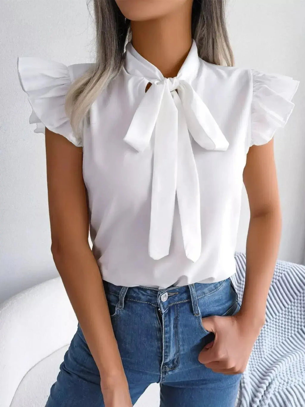 Bow Tie Ruffle Sleeve Blouse - DaisyDrop 