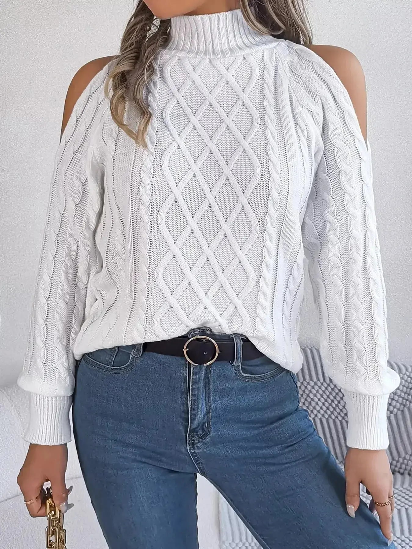 Cable Knit Cold Shoulder Turtleneck Sweater - DaisyDrop 