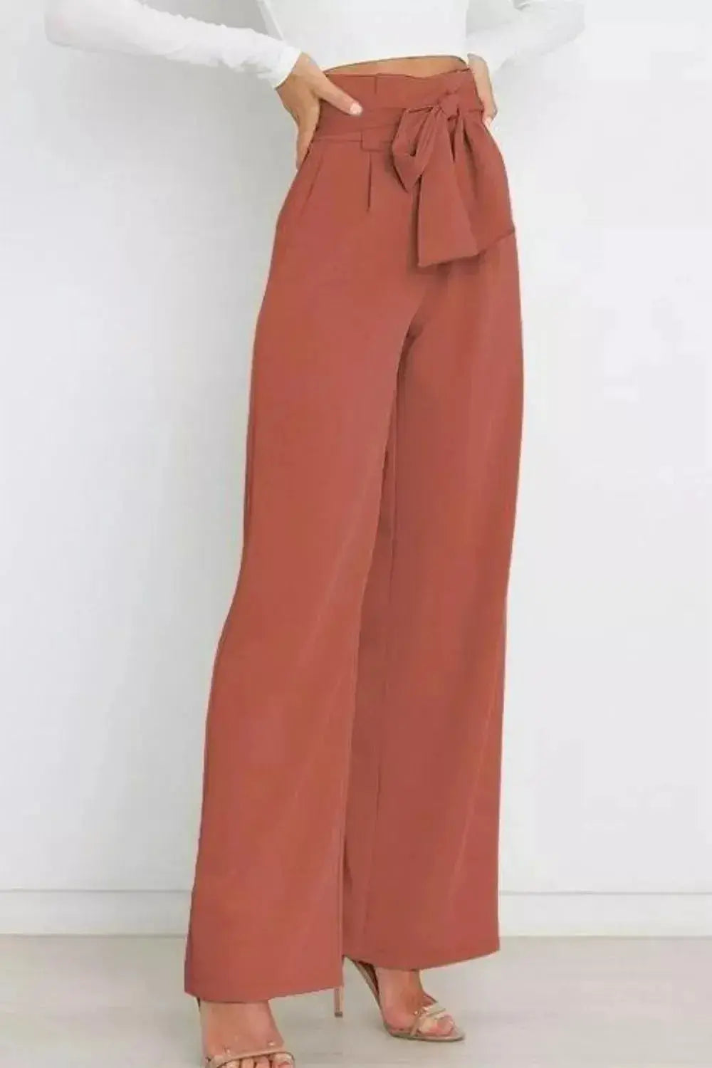 High Waist Tie Front Wide Leg Pants - DaisyDrop 