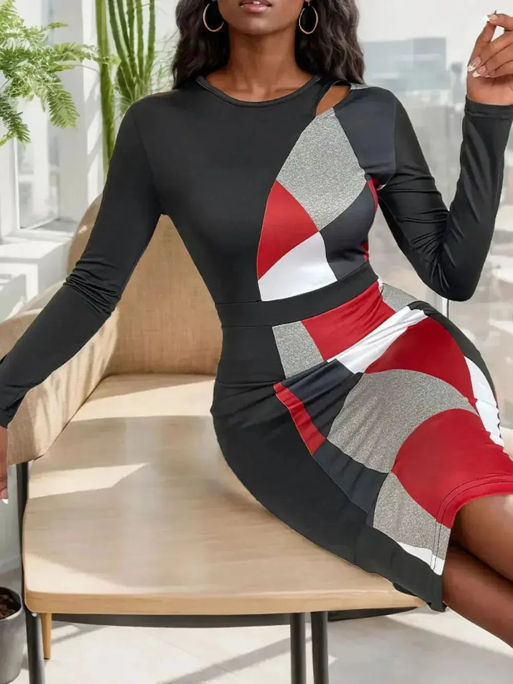 Perfee Cutout Color Block Round Neck Long Sleeve Dress - DaisyDrop 