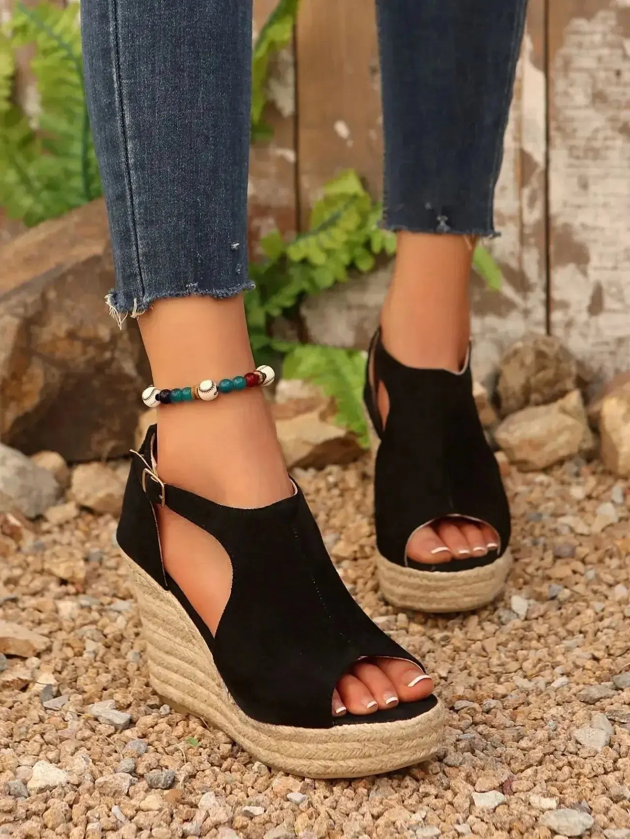 Espadrille Wedge Sandals with Ankle Strap - DaisyDrop 