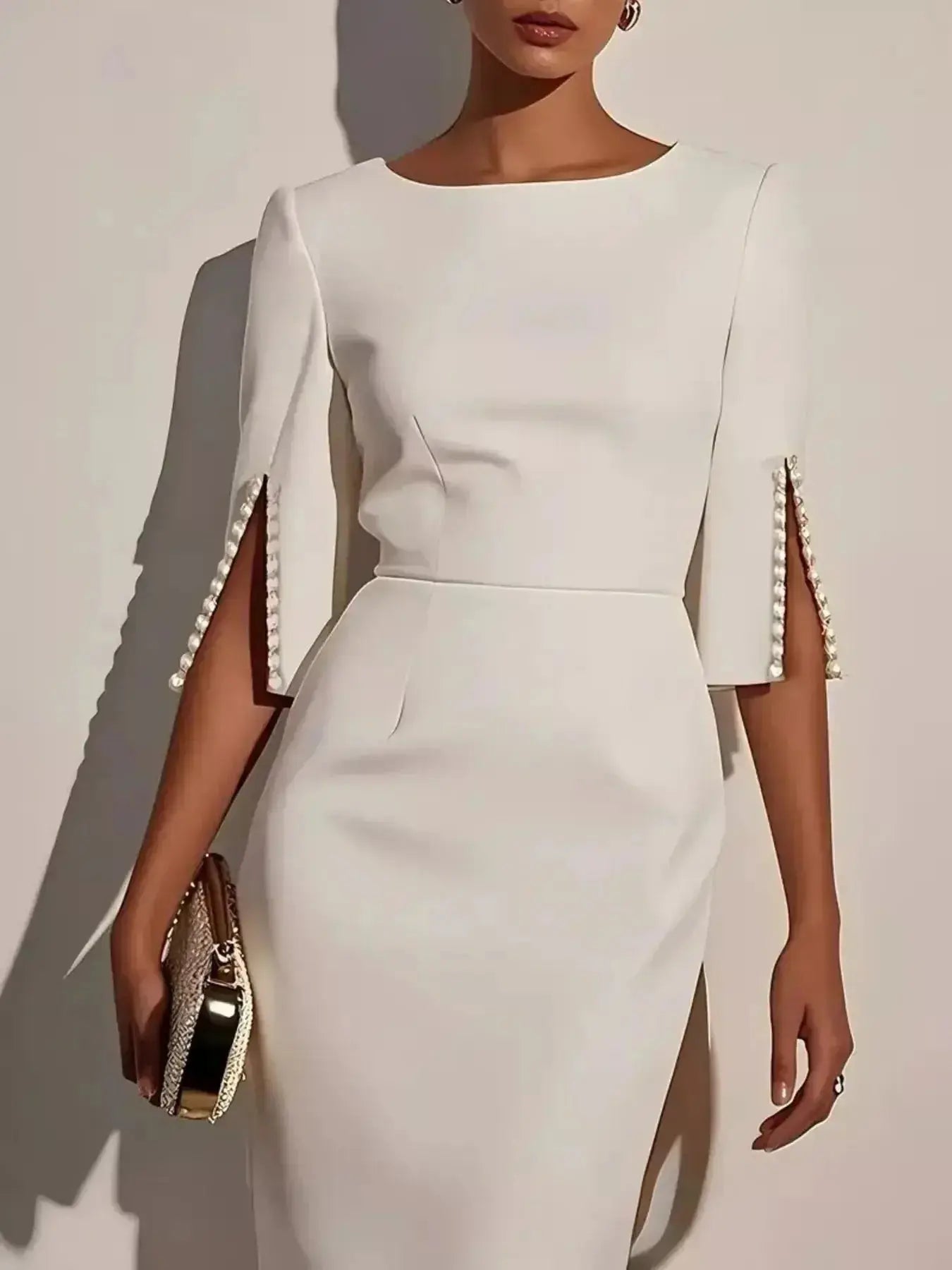 Slim-Fit Elegant Midi Dress with Beaded Slit Sleeve - DaisyDrop 