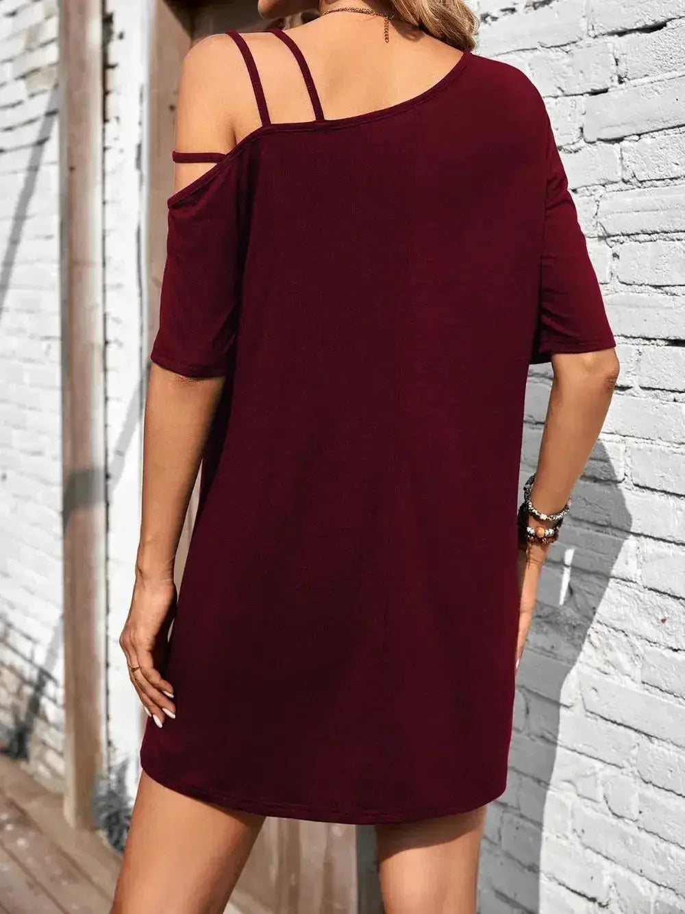 Asymmetrical Neck Half Sleeve Mini Dress - DaisyDrop 