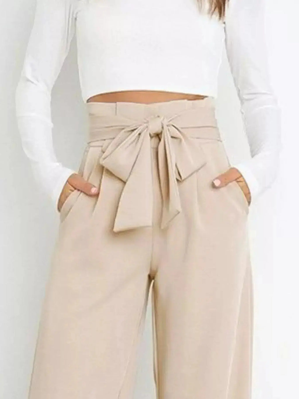 High Waist Tie Front Wide Leg Pants - DaisyDrop 