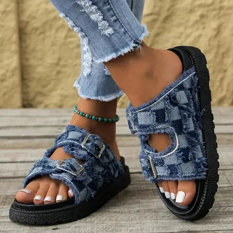 Raw Edge Checkered Cloth Buckle Sandals - DaisyDrop 
