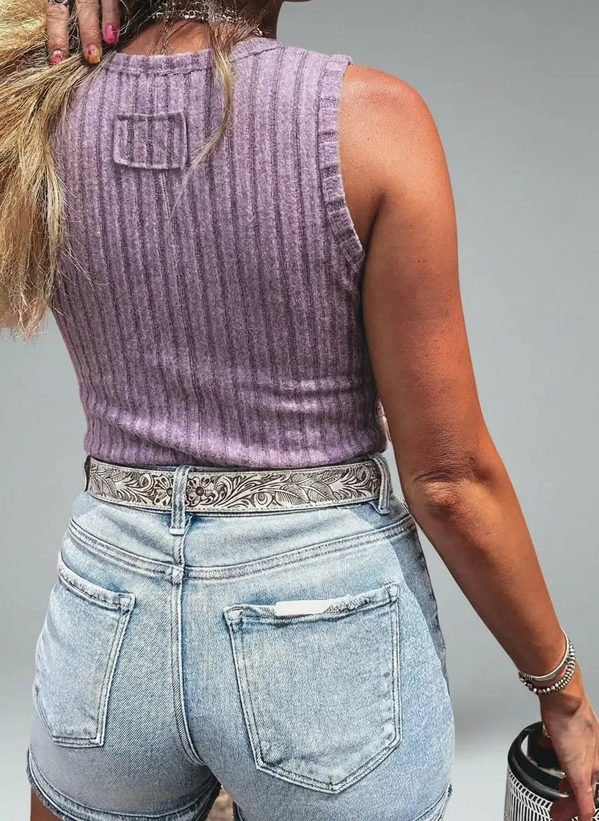 Back pose of the model wearing Slim Ribbed Mineral Wash Tank Top