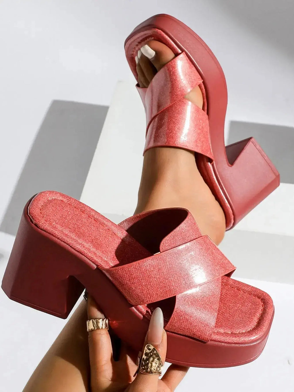 Platform Block Heel Slide Sandals - DaisyDrop 