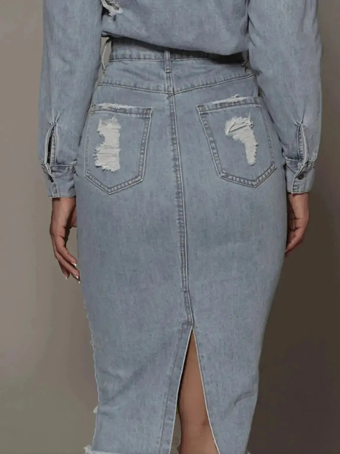 Distressed Slit Denim Skirt - DaisyDrop 