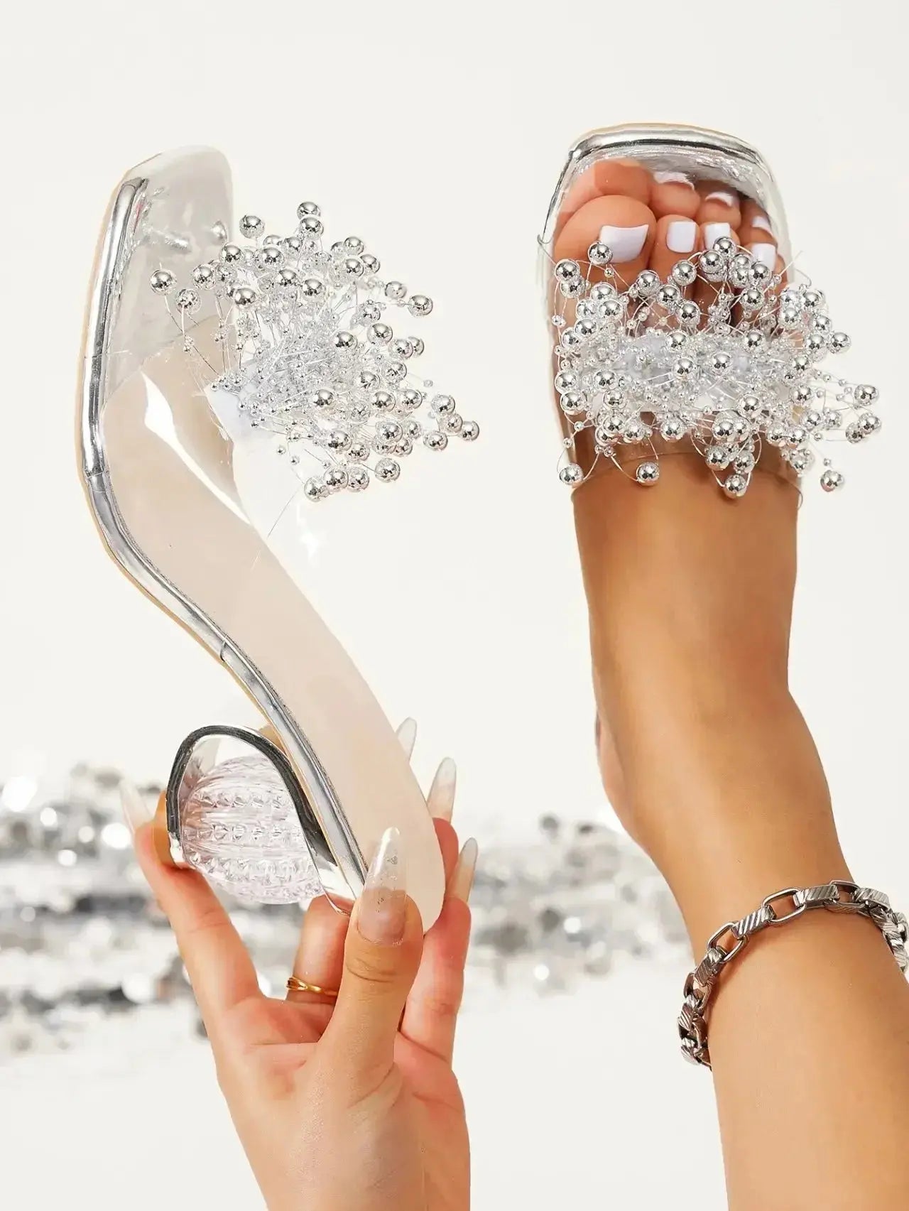 Pearl Embellished Clear Heel Sandals - DaisyDrop 
