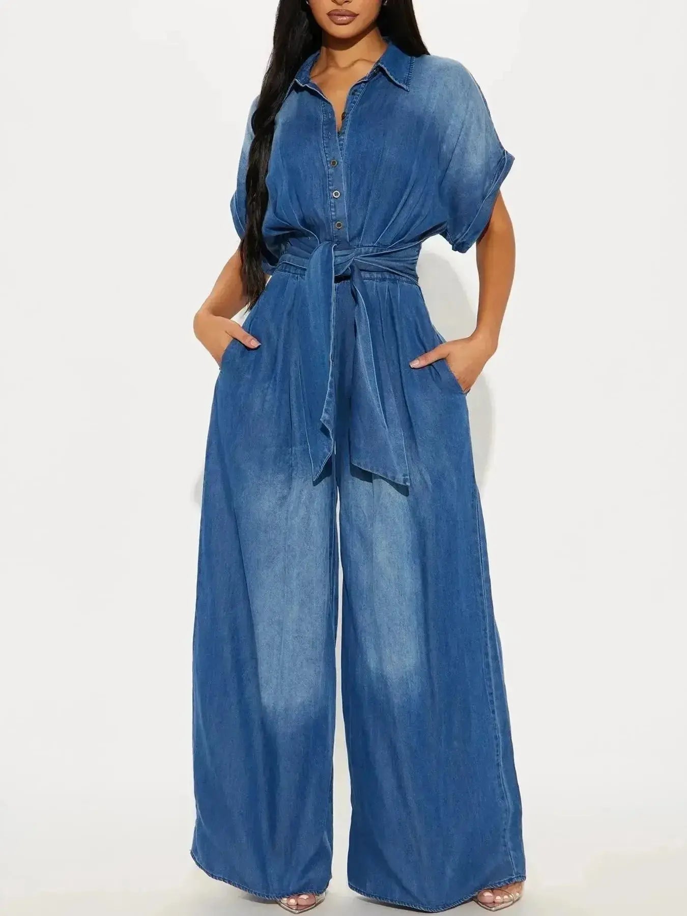 Button Front Wide Leg Denim Jumpsuit - DaisyDrop 