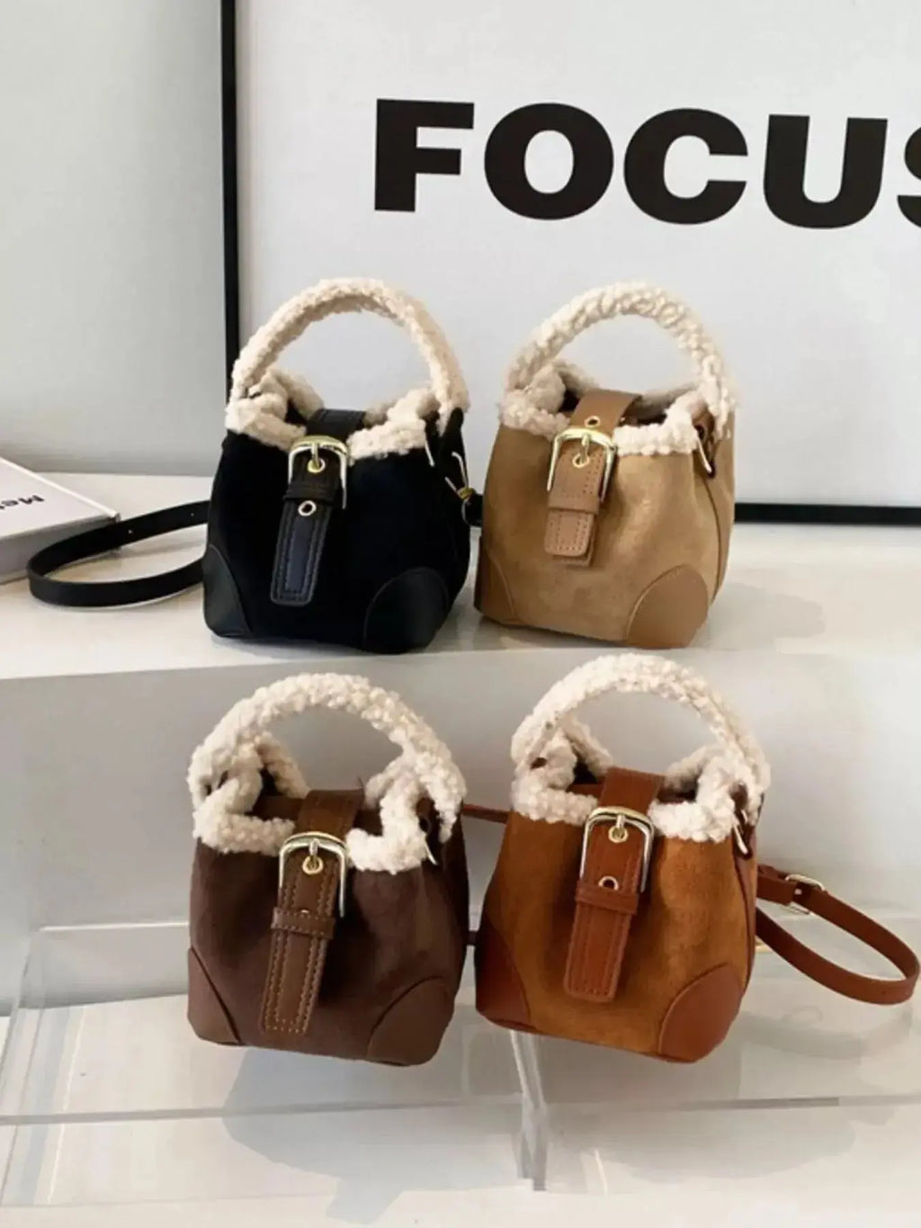 Fuzzy Trim Bucket Crossbody Bag - DaisyDrop 