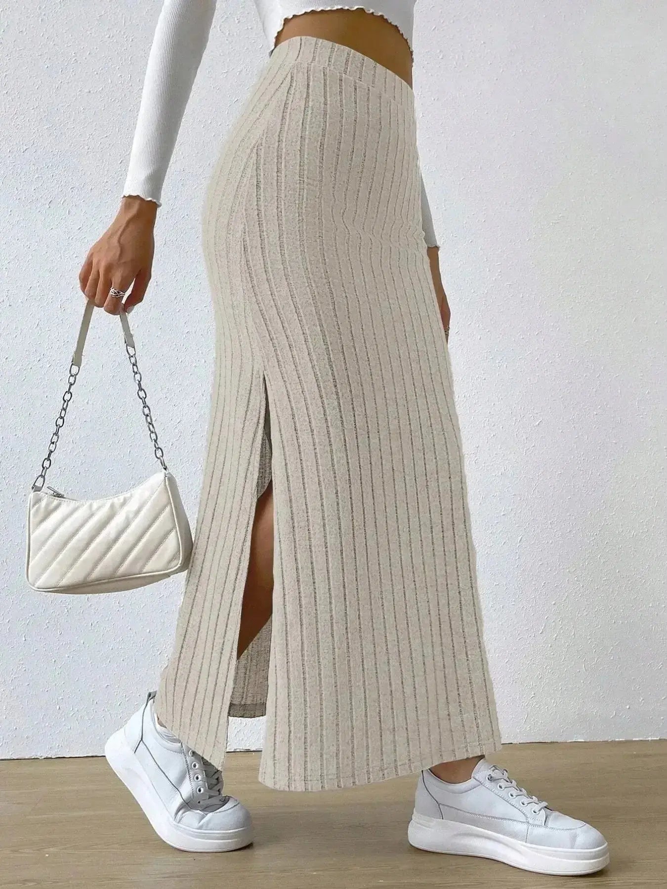 High Waist Ribbed Knit Maxi Skirt - DaisyDrop 