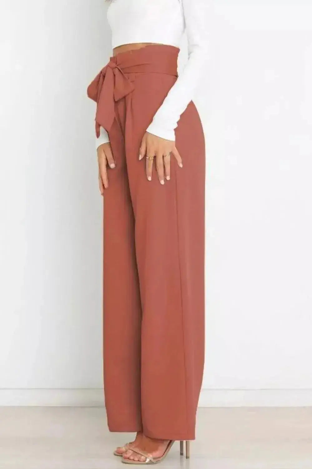 High Waist Tie Front Wide Leg Pants - DaisyDrop 