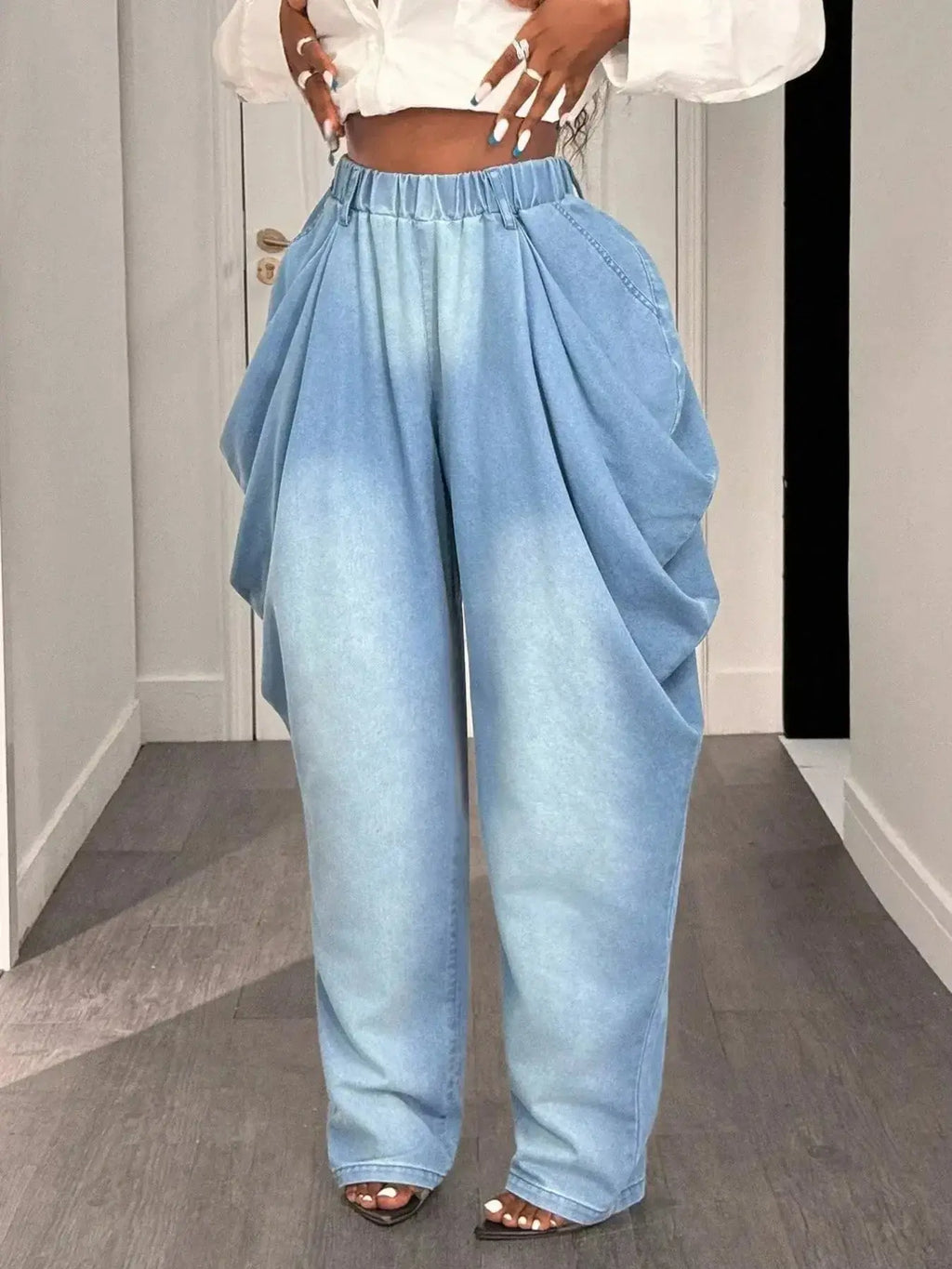 Ruched Wide Leg Jeans - DaisyDrop 