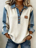 Denim Trim Button Detail Sweatshirt - DaisyDrop 