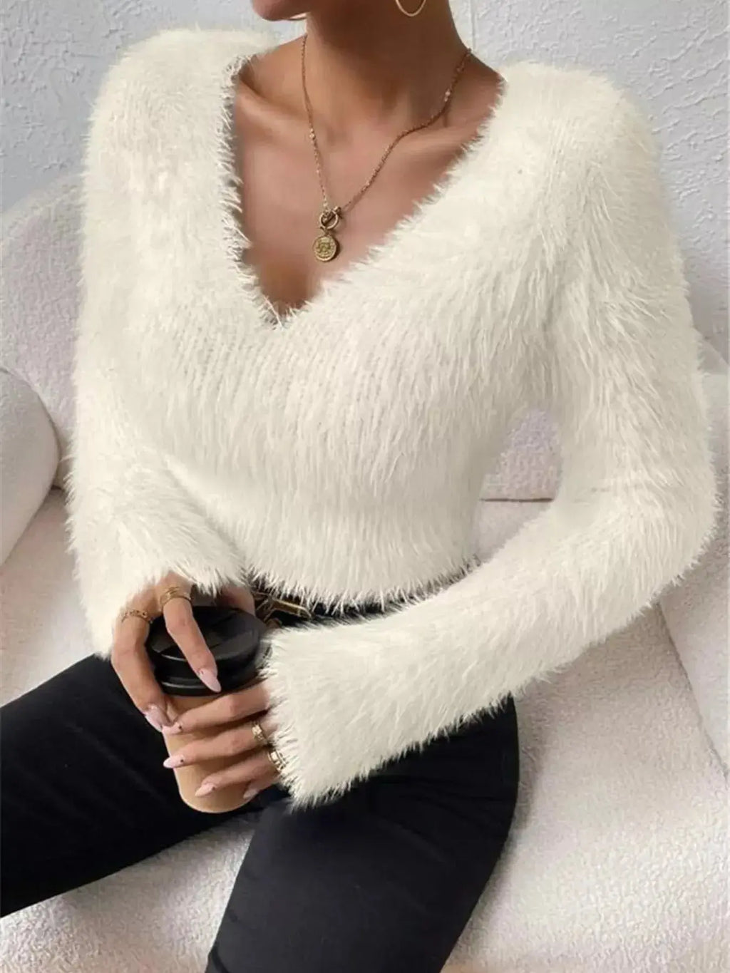Fluffy Knit V-Neck Sweater - DaisyDrop 