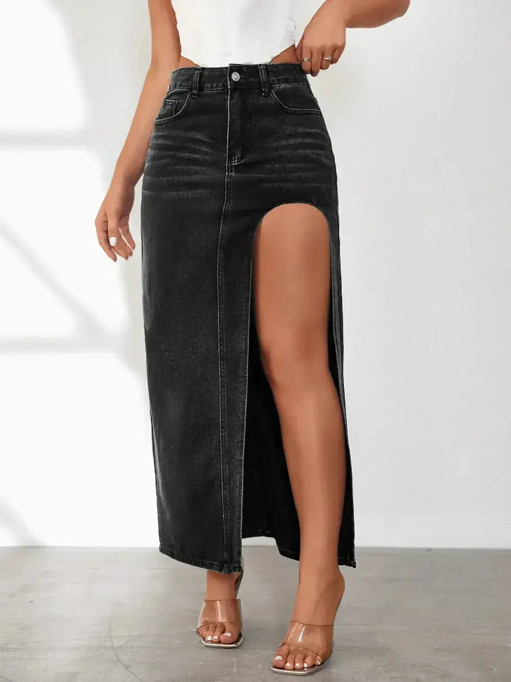 High Rise Slit Denim Skirt - DaisyDrop 