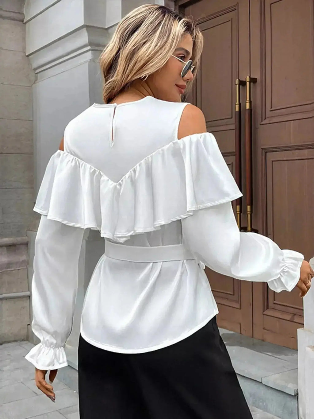 Cold Shoulder Ruffle Blouse - DaisyDrop 