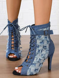 Distressed Denim Lace-Up Peep Toe Ankle Boots - DaisyDrop 