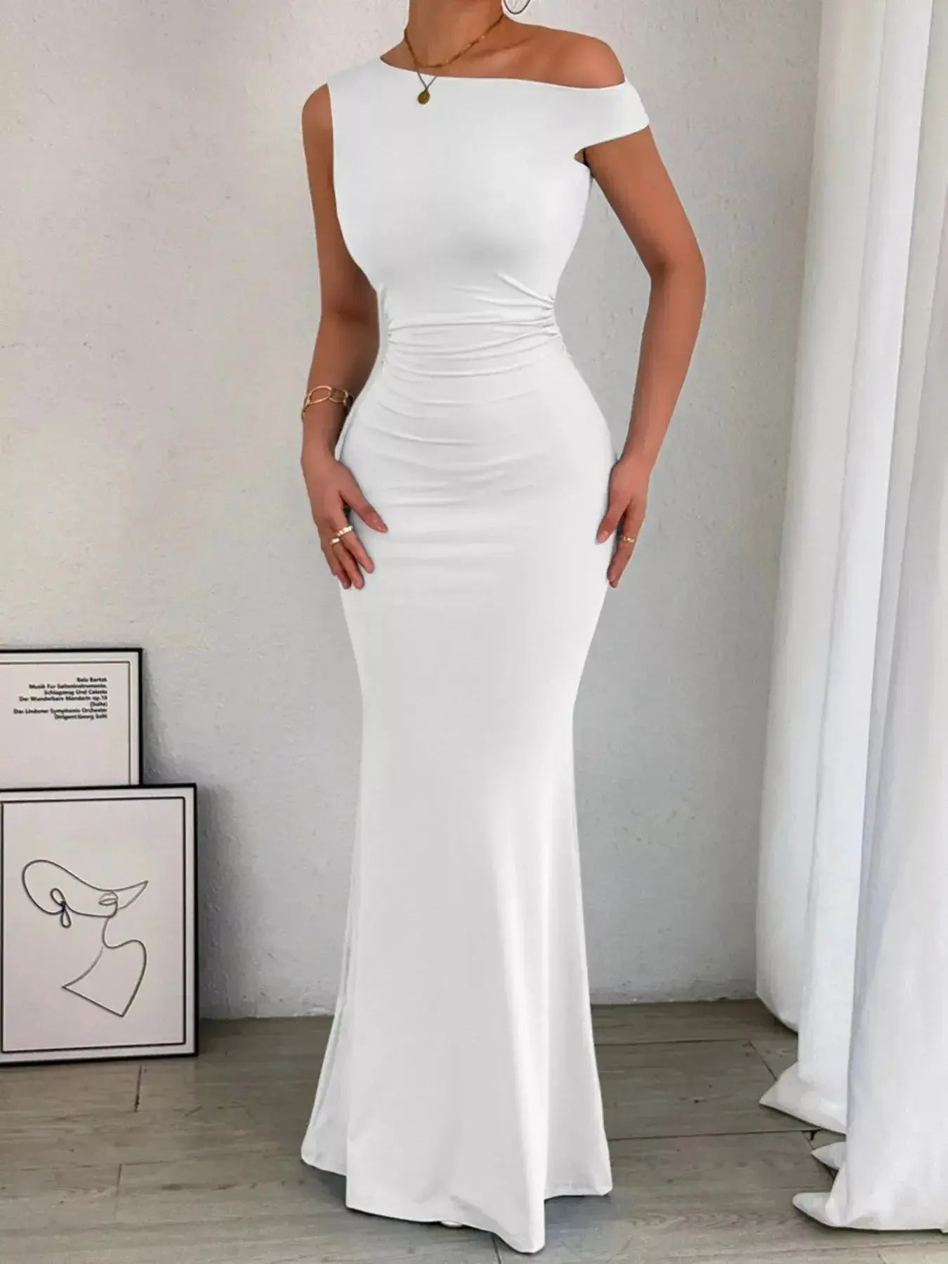 One-Shoulder Ruched Bodycon Maxi Dress - DaisyDrop 