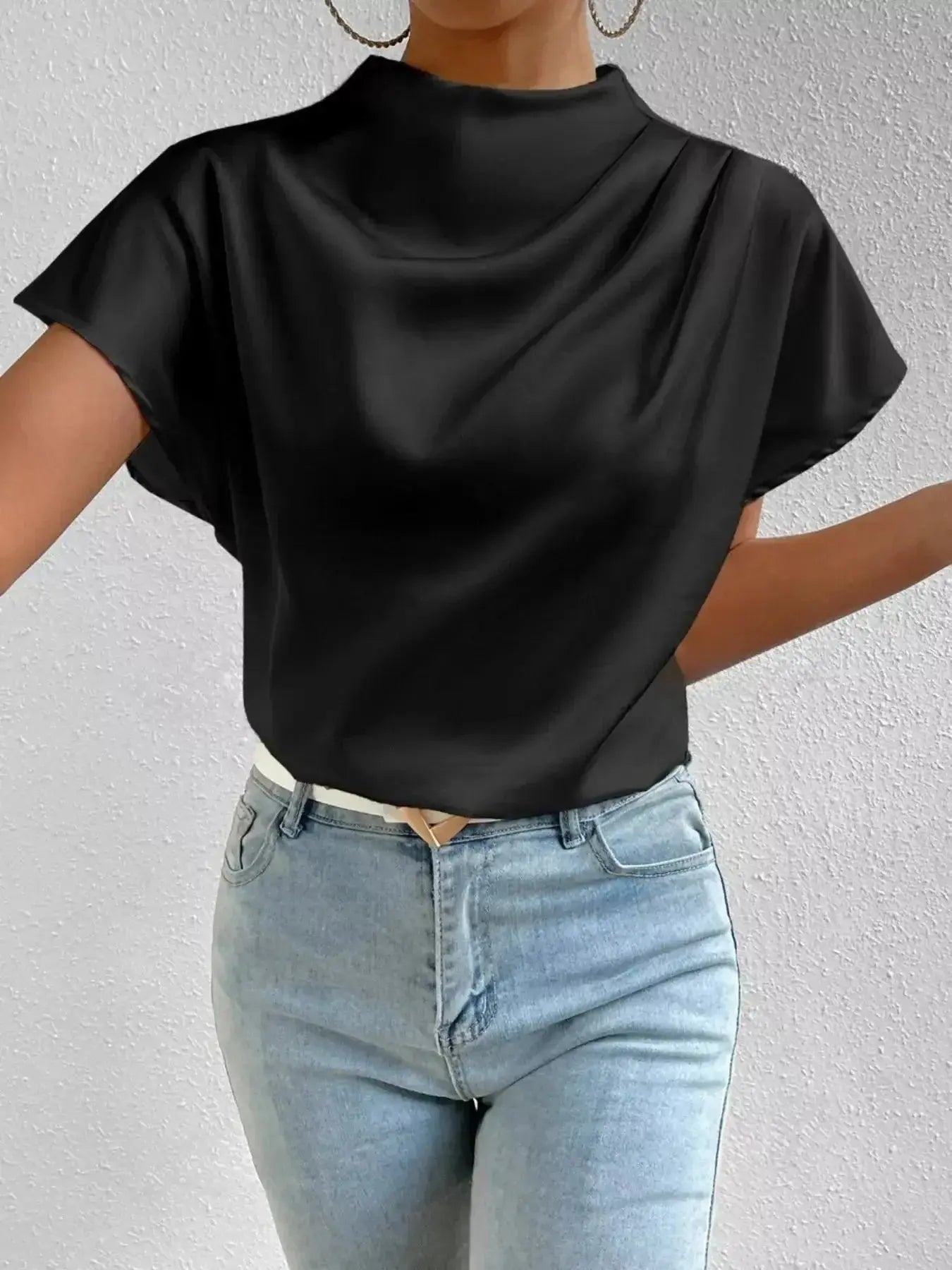 Mock Neck Satin Blouse - DaisyDrop 