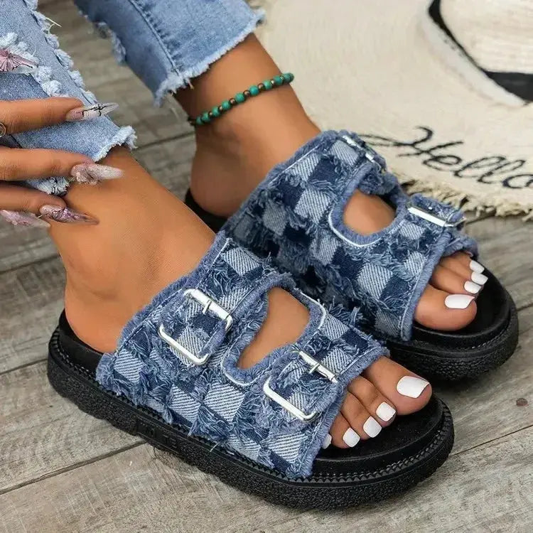 Raw Edge Checkered Cloth Buckle Sandals - DaisyDrop 