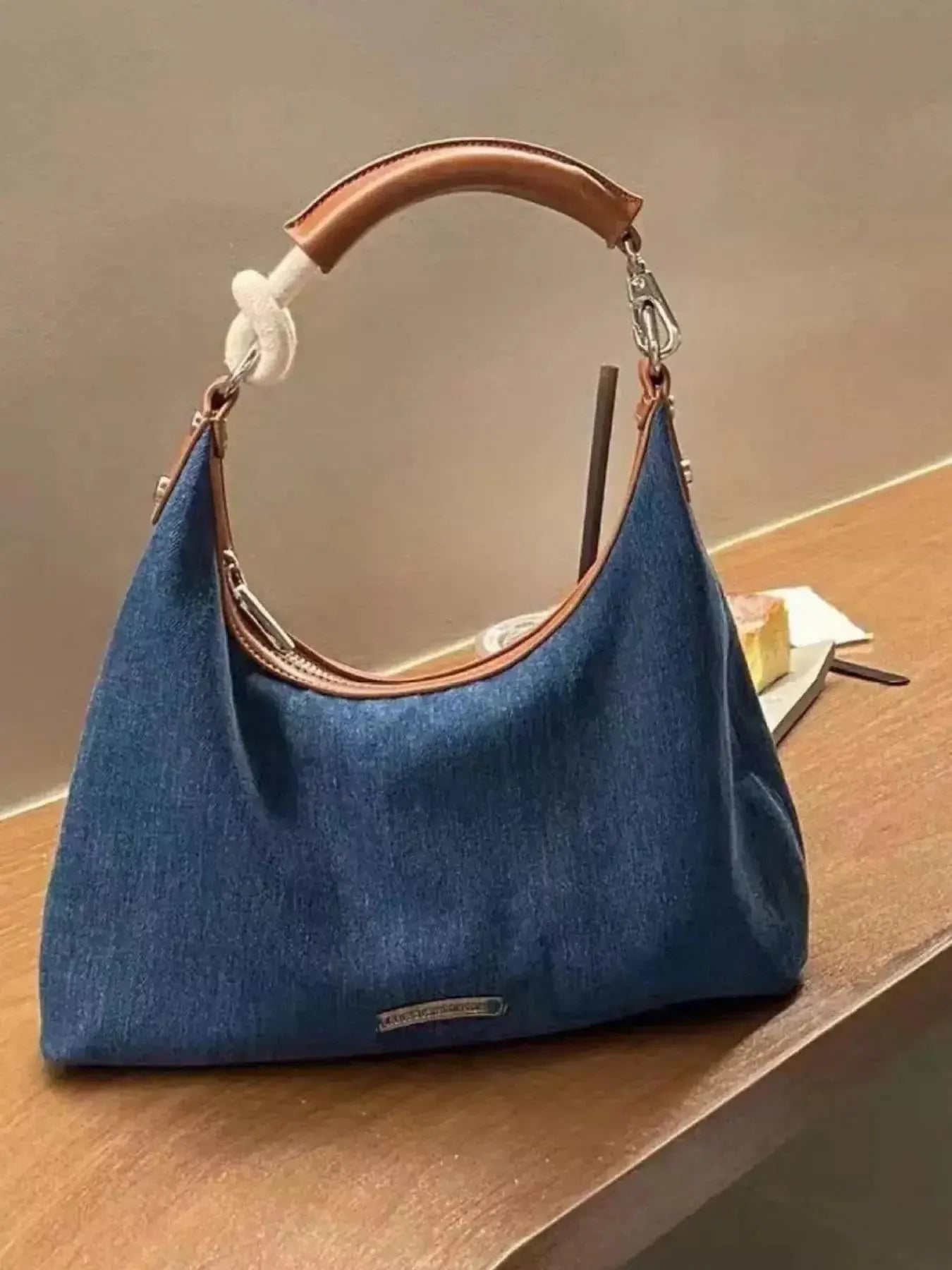 Denim Shoulder Bag with Leather Handle - DaisyDrop 
