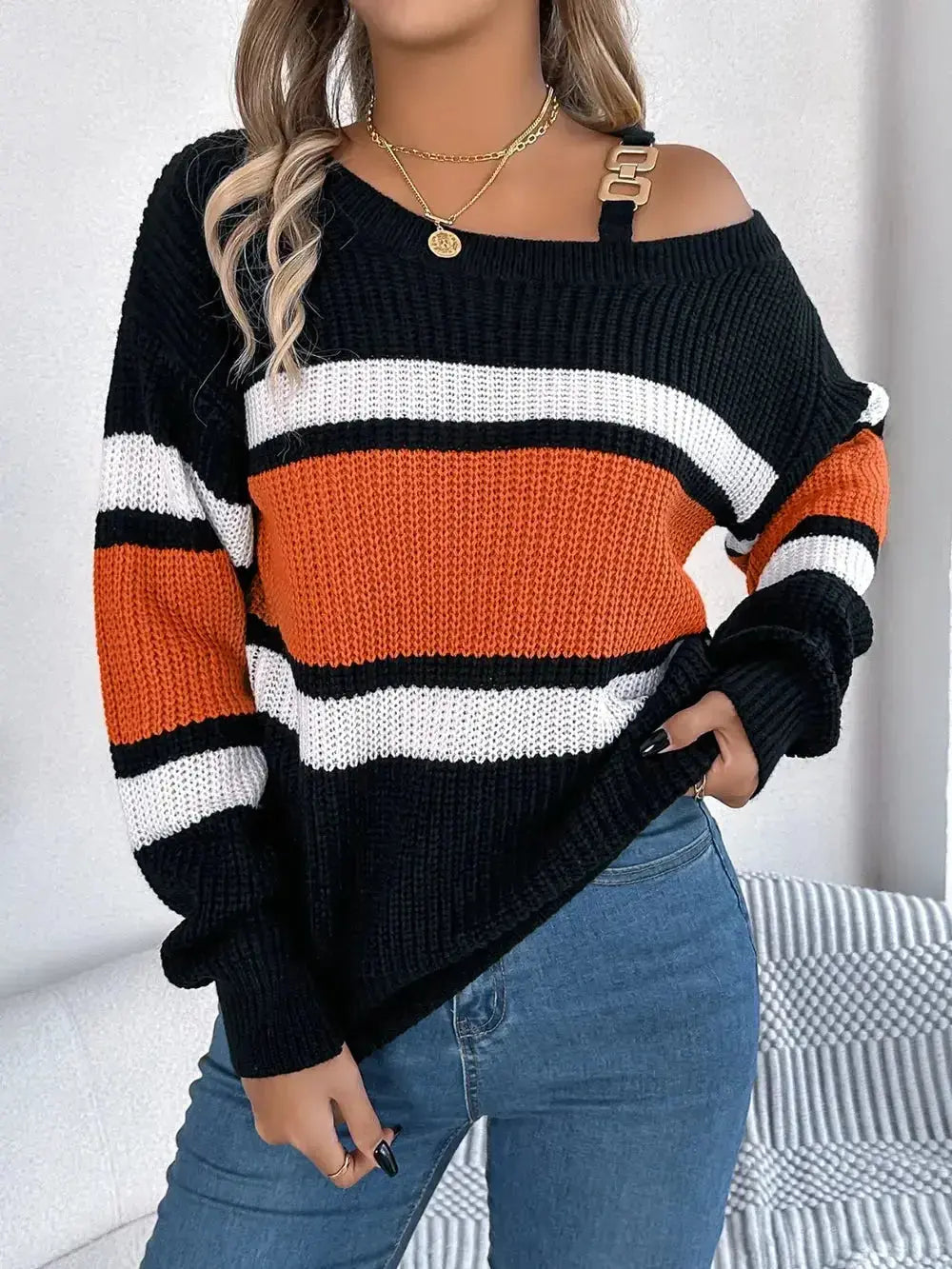 Color Block Asymmetrical Neck Long Sleeve Sweater - DaisyDrop 