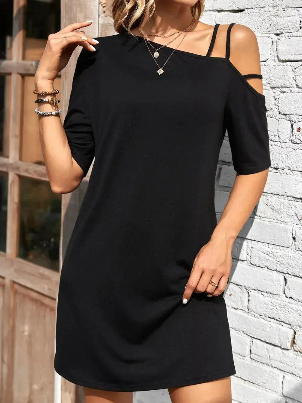 Asymmetrical Neck Half Sleeve Mini Dress - DaisyDrop 