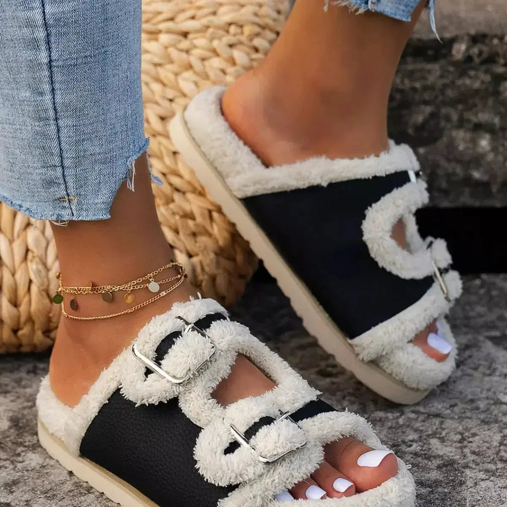 Buckle Decor Plush Lined Platform Slippers - DaisyDrop 