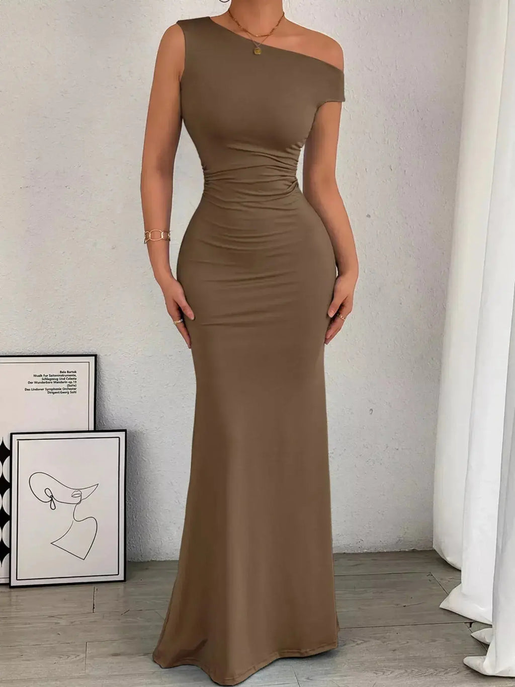 One-Shoulder Ruched Bodycon Maxi Dress - DaisyDrop 