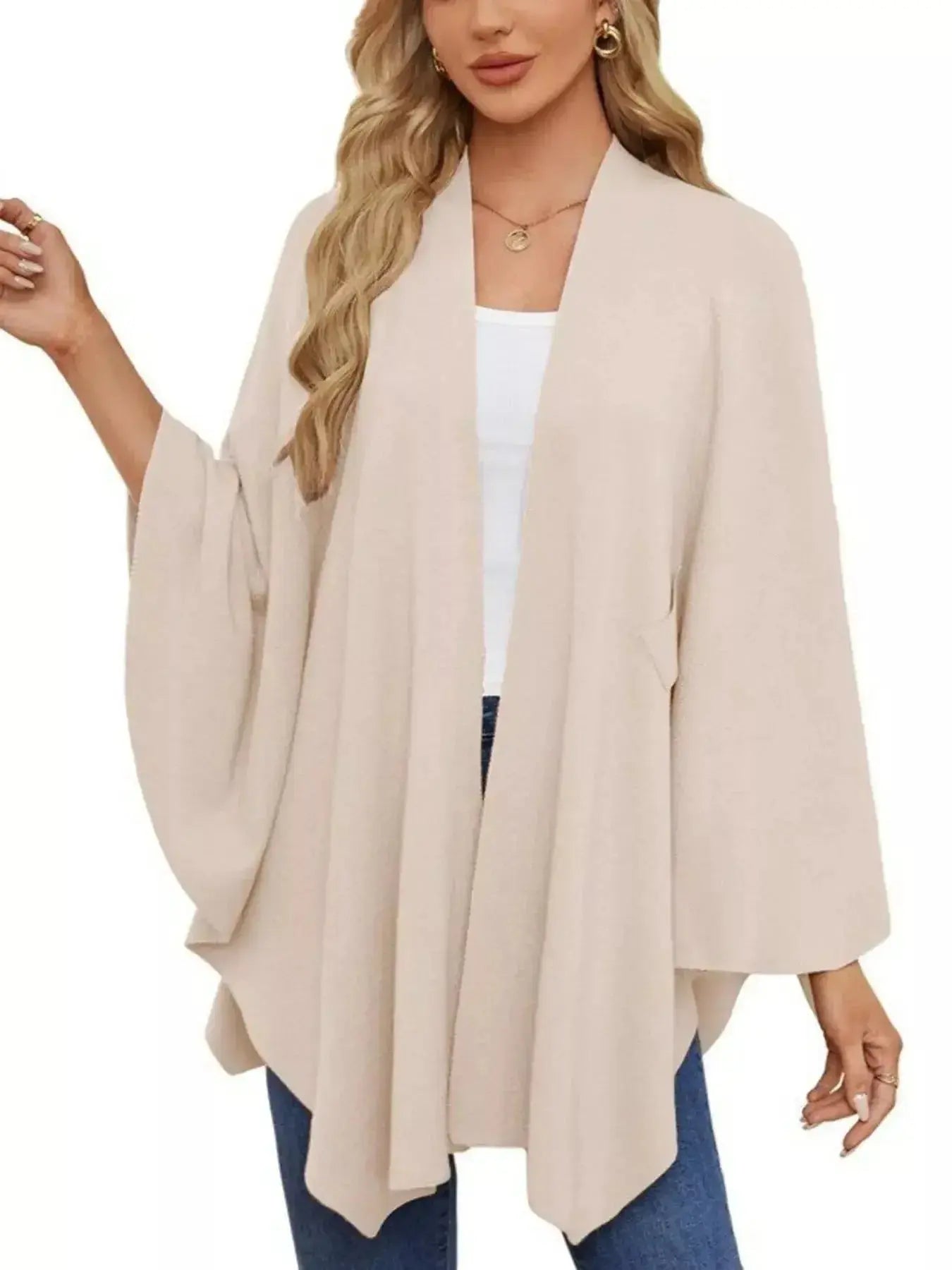 Solid Color Tie-Front Knit Cape Top - DaisyDrop 