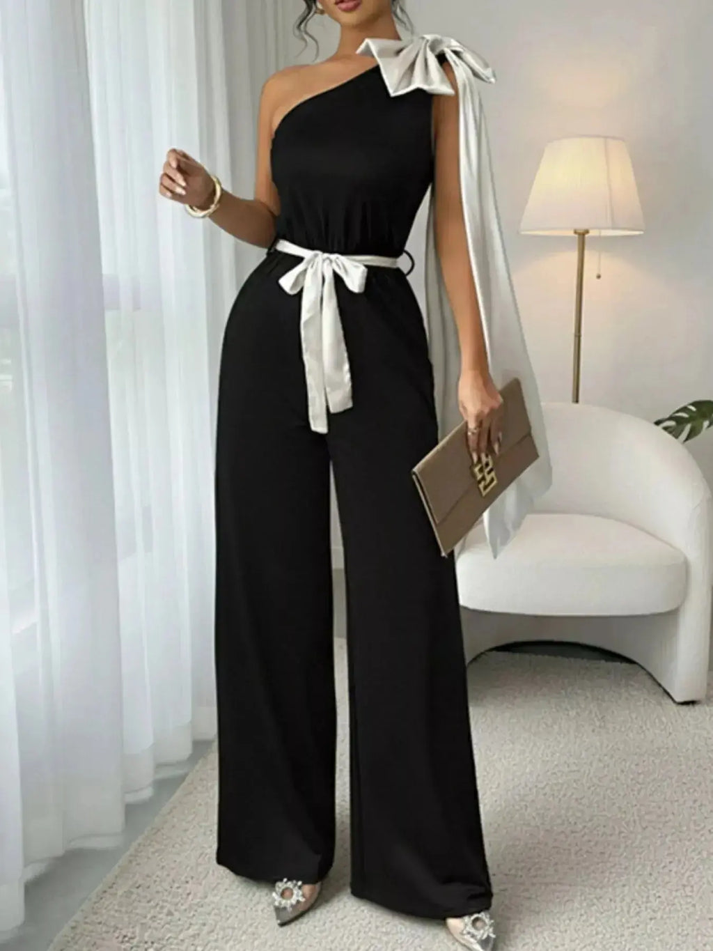 One-Shoulder Bowknot Wide Leg Jumpsuit - DaisyDrop 