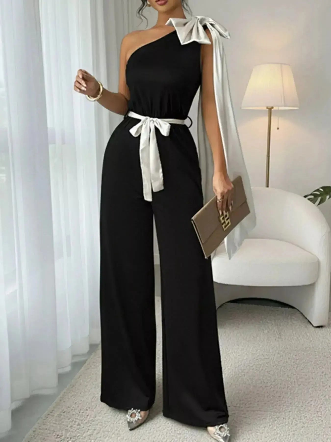 One-Shoulder Bowknot Wide Leg Jumpsuit - DaisyDrop 