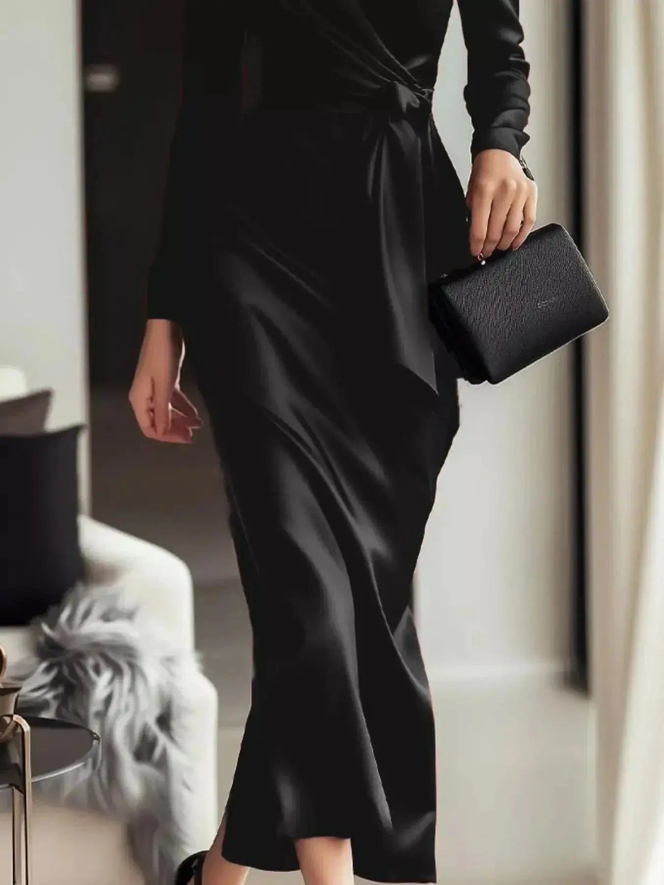 Satin Wrap Long Sleeve Midi Dress - DaisyDrop 